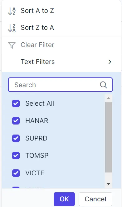 Filter dialog content