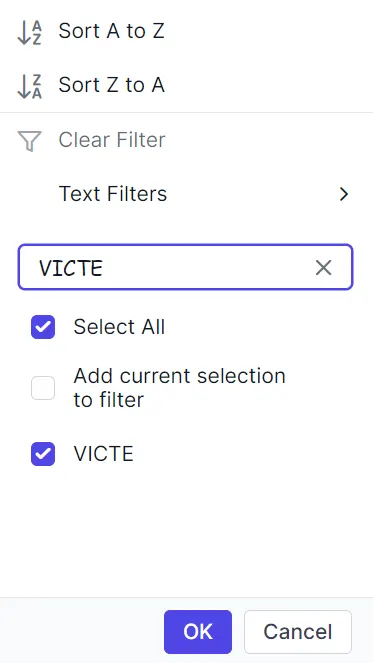 Filter dialog input