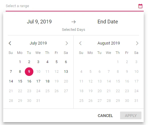 Blazor DateRangePicker Selection in Span between Range
