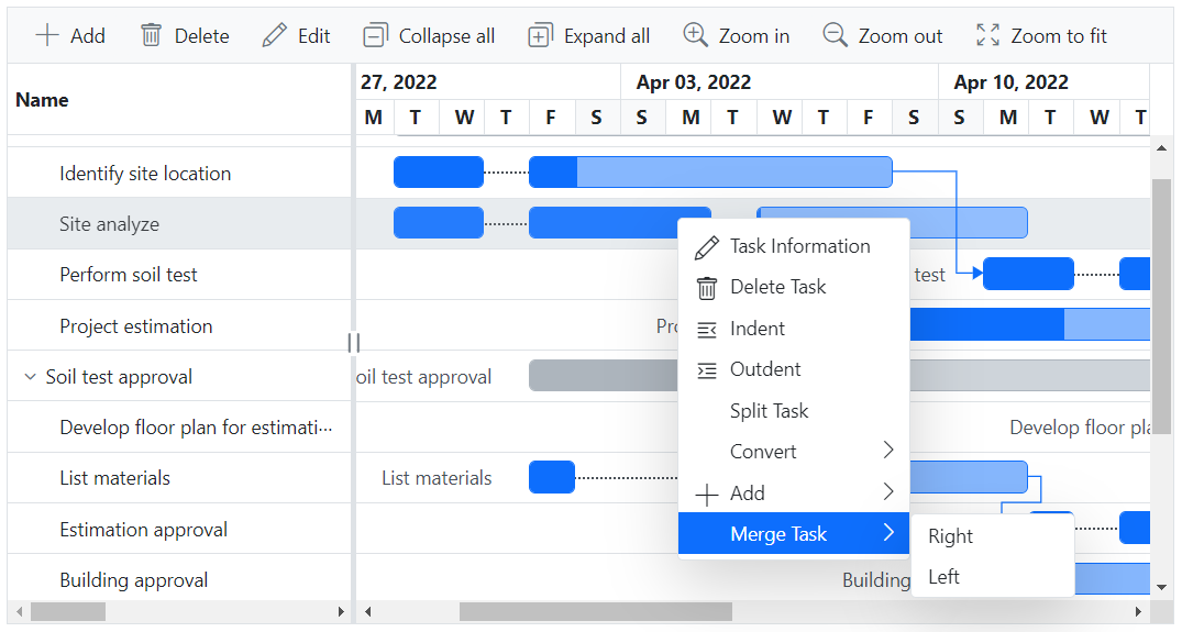 Editing split task with context menu