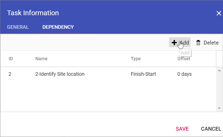 Updating task dependency in dialog Dependency tab