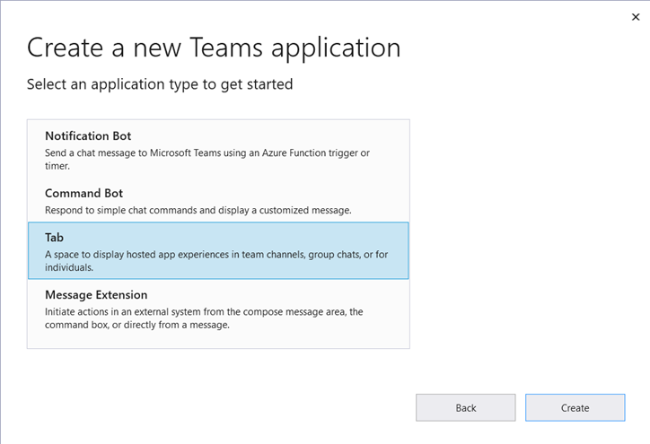 Select type of Microsoft Teams Application