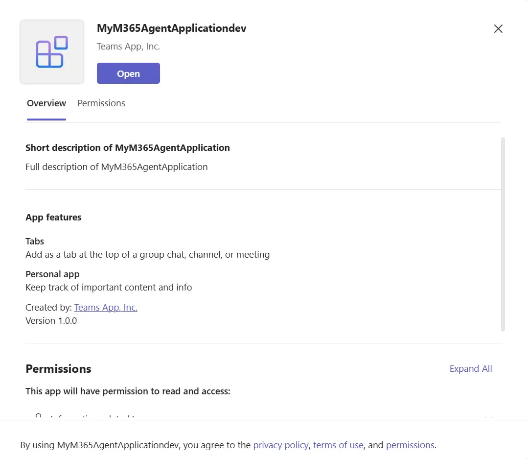 Newly created Teams application