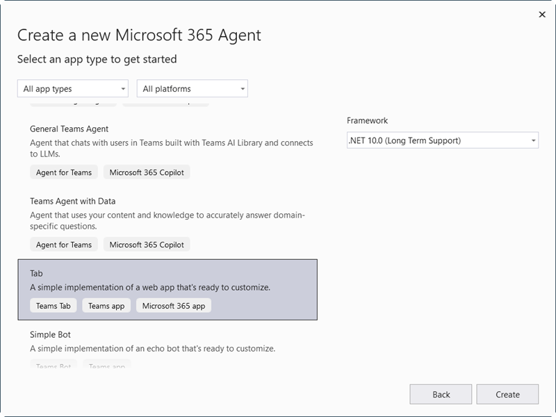 Select type of Microsoft Teams Application