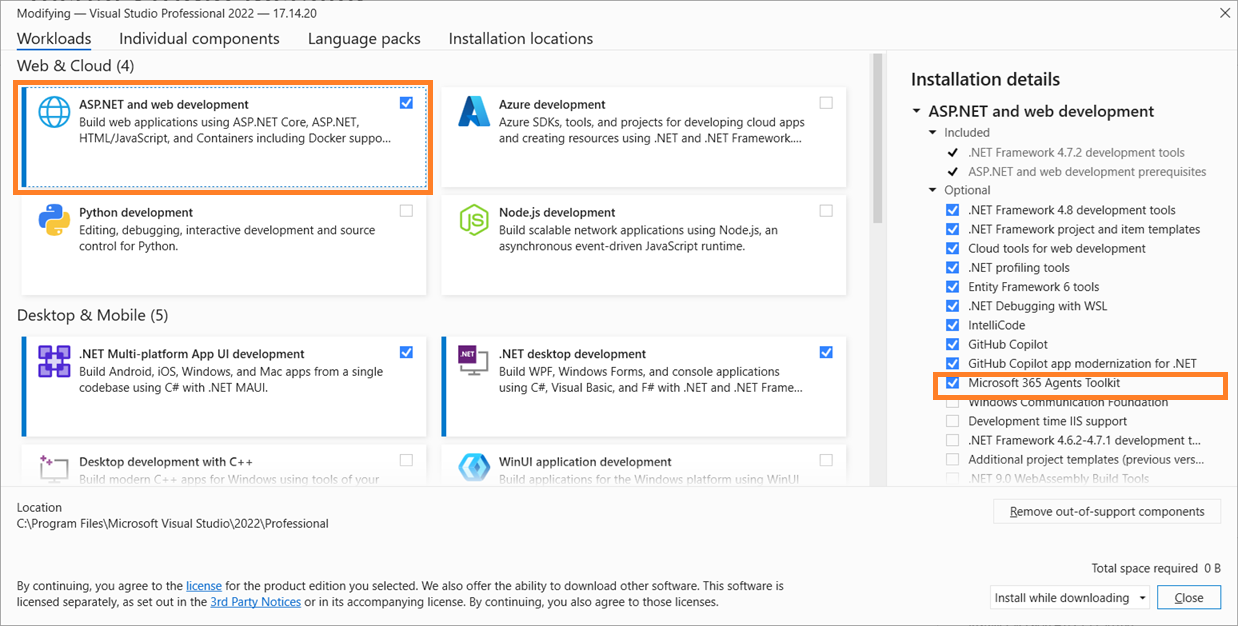 Visual Studio workloads installation for Microsoft 365 Agents