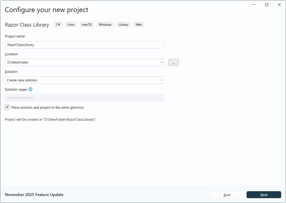 razor class project configuration