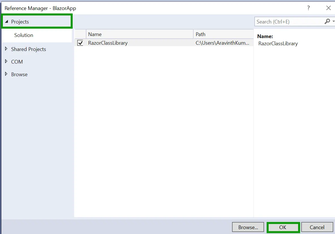select RCL to configure blazor app