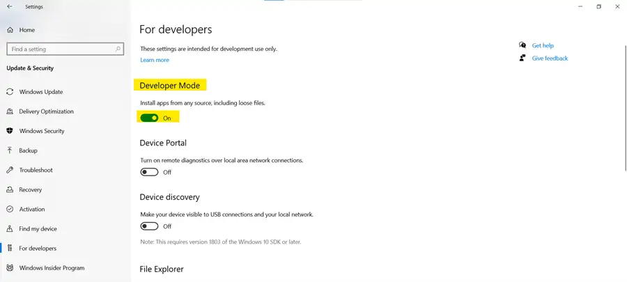 Enable developer mode in system settings