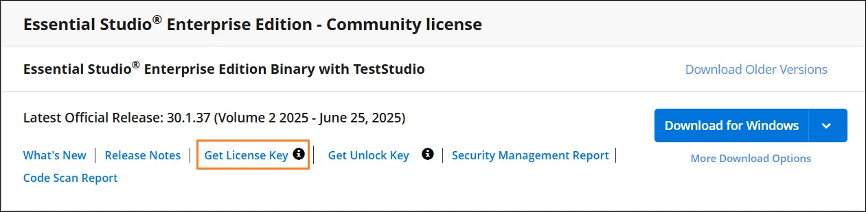 License and Downloads portal showing the Get Community License Key option