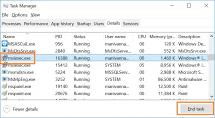 Windows Task Manager showing msiexec.exe to end task