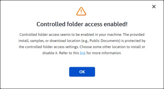 Web installer controlled folder access warning