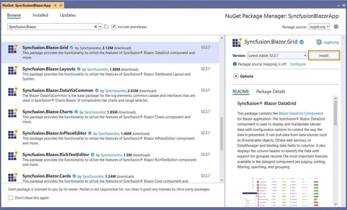 Install a Syncfusion Blazor package from the Package Manager UI