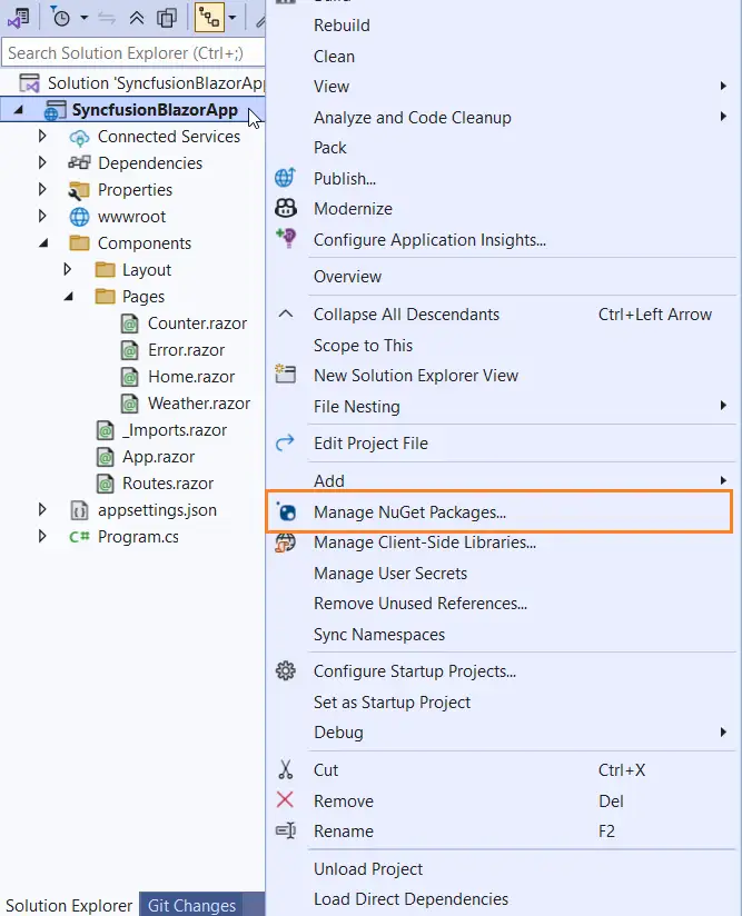 Open Manage NuGet Packages from Solution Explorer