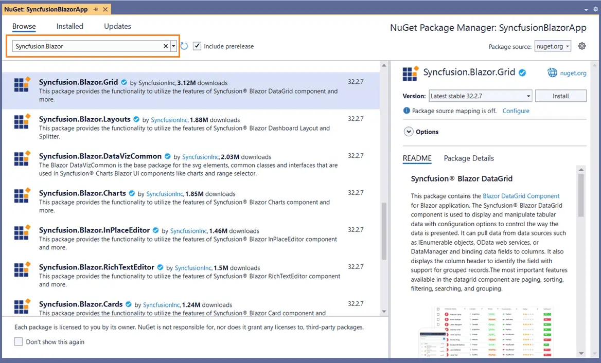 Search for Syncfusion Blazor packages in the Browse tab