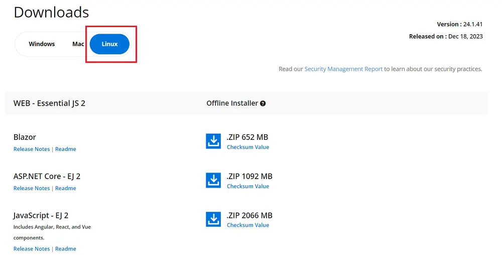 License and Downloads page listing Blazor Linux ZIP download