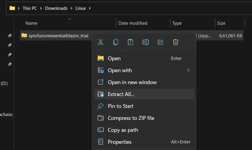 Extract the Syncfusion Blazor Linux installer ZIP to a folder