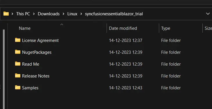 Extracted contents of the Blazor Linux offline installer