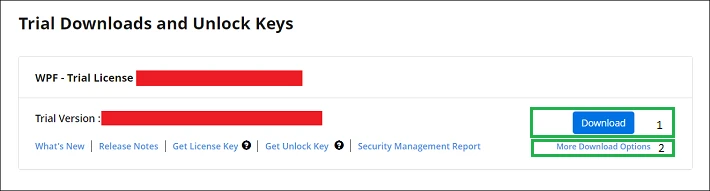 Trials and Downloads page showing trial installer and key generation options