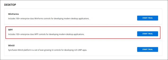 Start trials page for Blazor