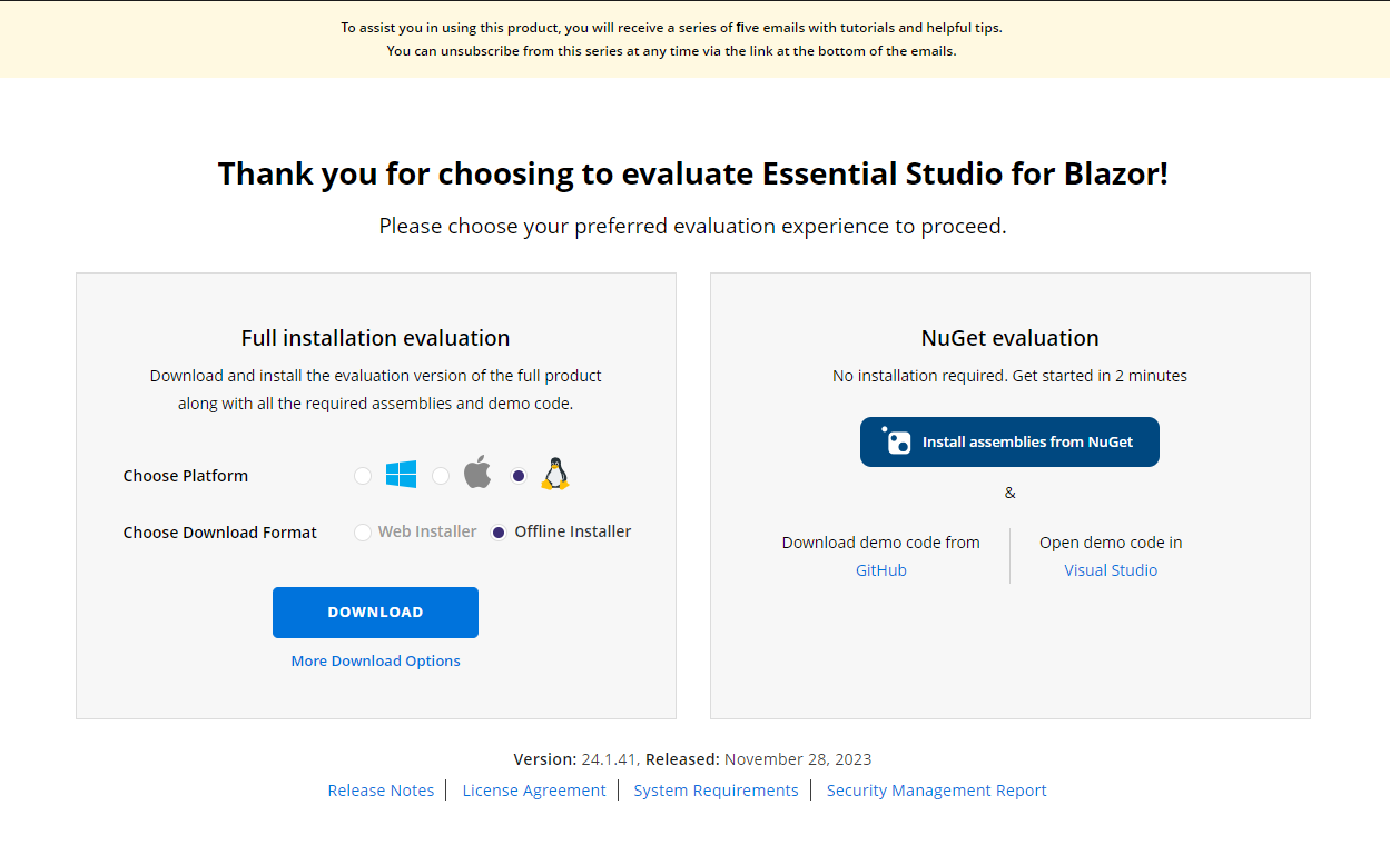 Trial and downloads of Syncfusion Blazor