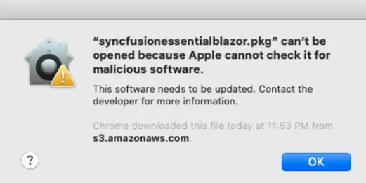macOS Gatekeeper alert for the Syncfusion DMG