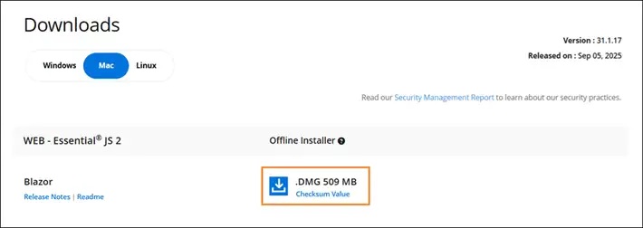 Trial confirmation page showing Blazor Mac installer download