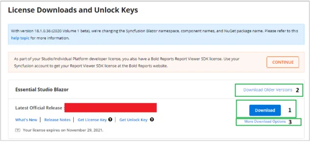 License and Downloads page showing More download options for the Blazor Mac installer