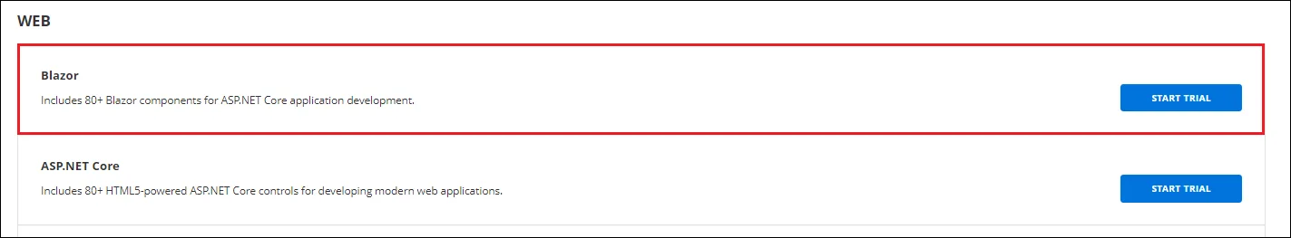 Start trials page for Blazor