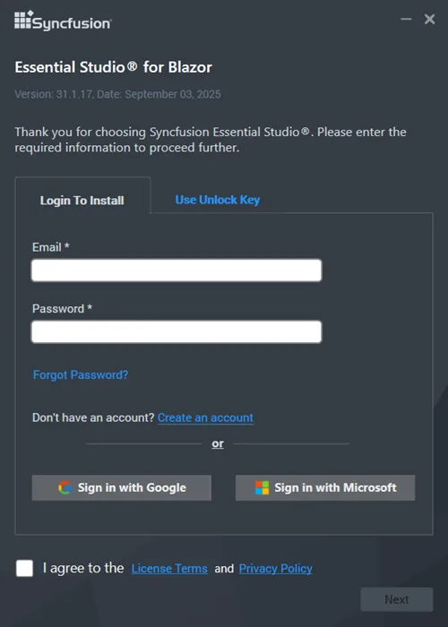 Offline installer Login to install wizard