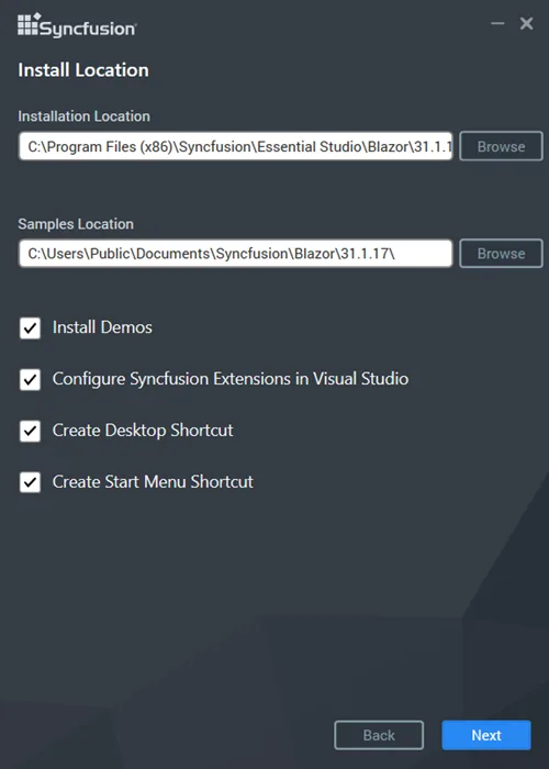 Offline installer Settings wizard with install locations and options