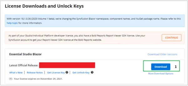 License and Downloads page with Download button for the Blazor web installer
