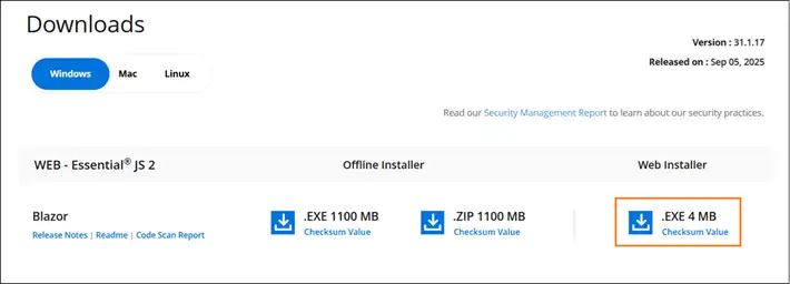 License and Downloads page listing available Blazor installer versions