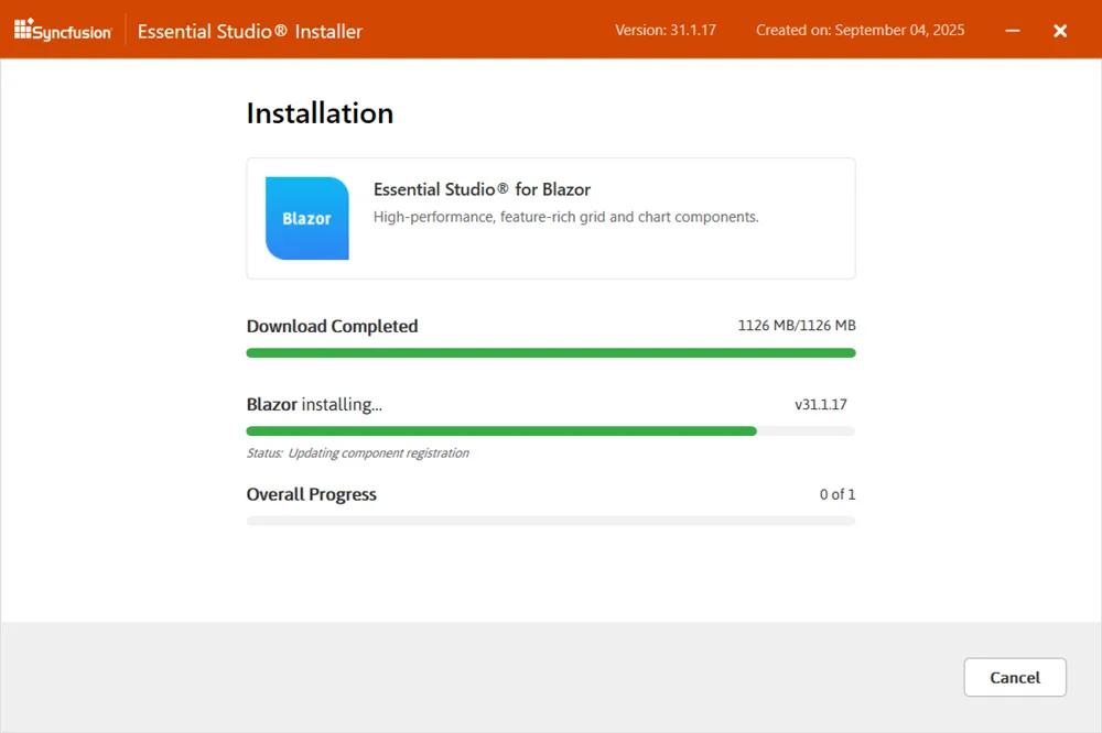 Installation progress showing download and install status