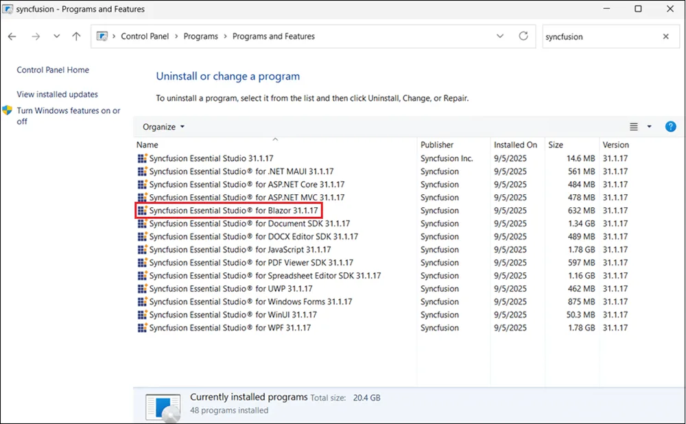 Control Panel Installation entries