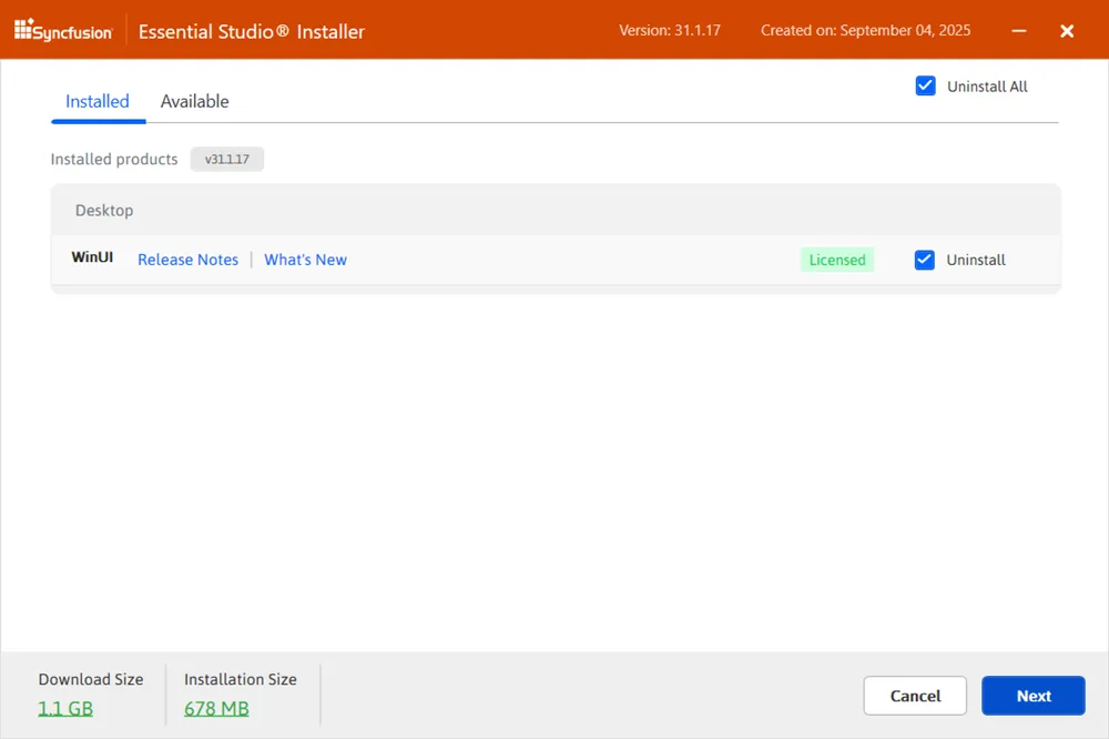 Platform selection wizard Installed tab