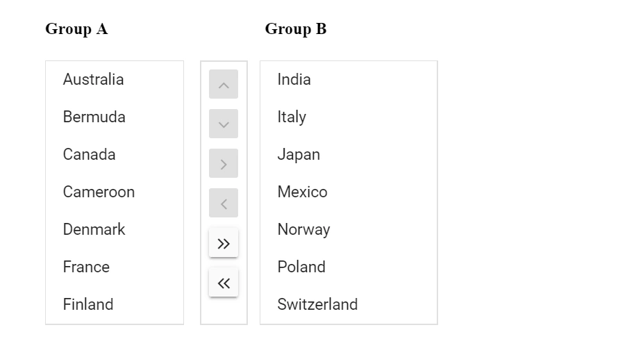 Blazor dual ListBox with toolbar to move items between lists