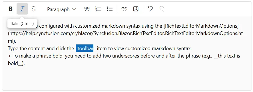 Blazor RichTextEditor markdown custom selection
