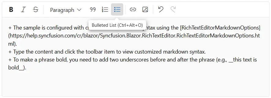Blazor RichTextEditor markdown custom list