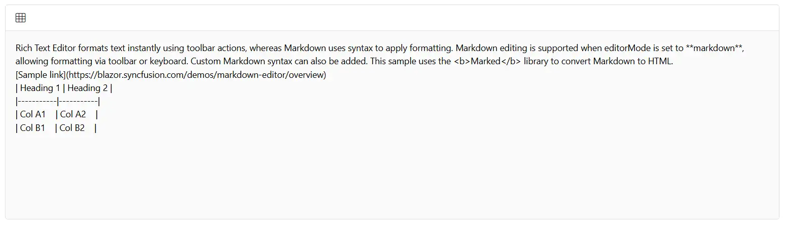 Table insertion using Blazor Markdown Editor toolbar
