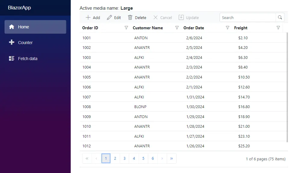 Blazor Media Query integration in Data Grid with ActiveBreakPoint as Large