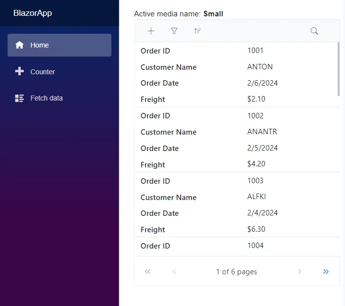 Blazor Media Query integration in Data Grid with ActiveBreakPoint as Small