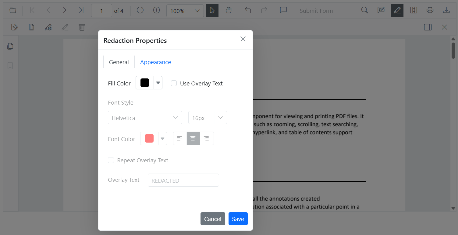 Redaction Property Panel