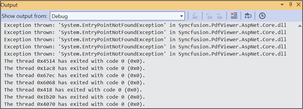 Output window with error message