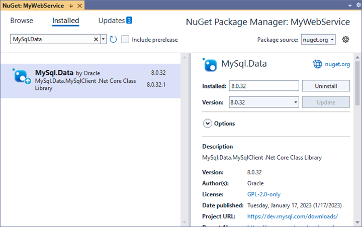 Add the NuGet package MySql.Data to the project