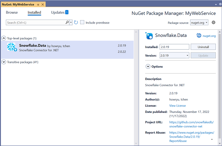 Add the NuGet package Snowflake.Data to the project