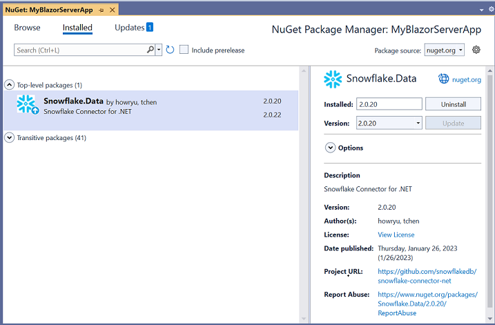 Add the NuGet package Snowflake.Data to the project