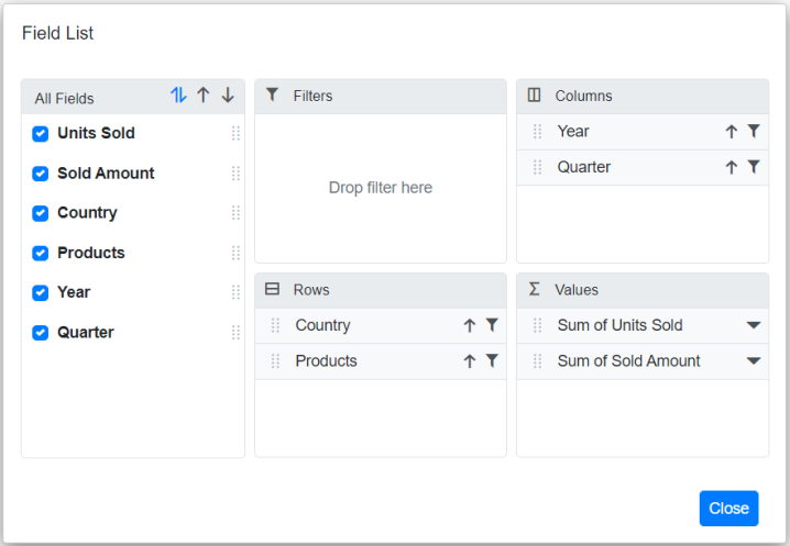 Blazor PivotTable with FieldList Dialog