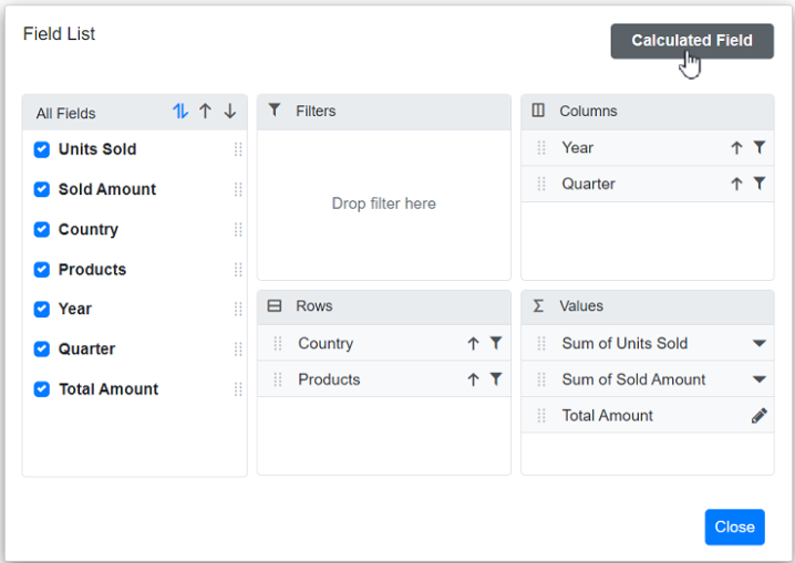 Blazor PivotTable with Caluclated Field Button