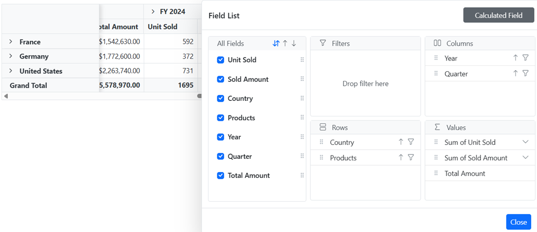 Blazor PivotTable with Caluclated Field Button