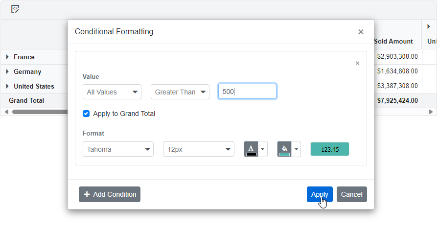 Changing Conditional Format Criteria in Blazor Pivot Table